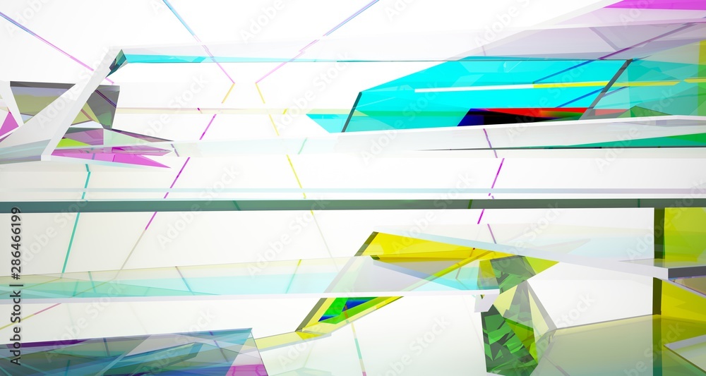Fototapeta premium Abstract white and colored gradient glasses interior multilevel public space with window. 3D illustration and rendering.