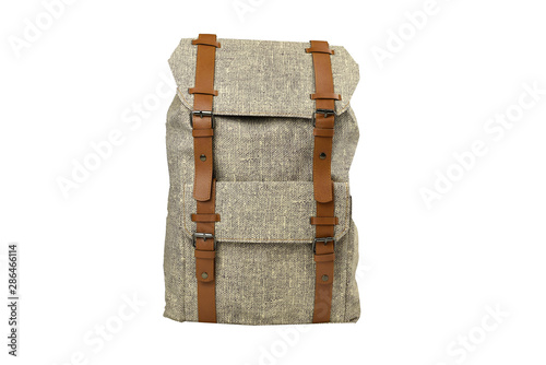 Backpack accessories isolated hipster background white. white texture with brown bag. Hand made backpack for travelers.