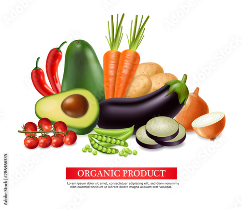 Vegetables banner Vector realistic. Avocado, eggplant, carrots and tomatoes d...