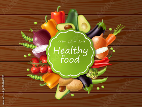 Vegetables banner Vector realistic. Avocado, eggplant, carrots and tomatoes d...