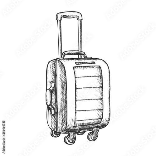 Suitcase On Wheels With Handle Vintage Vector. Standing Modern Tourist Suitcase Package For Business Trip. Voyage Luggage For Baggage Hand Drawn In Retro Style Black And White Illustration