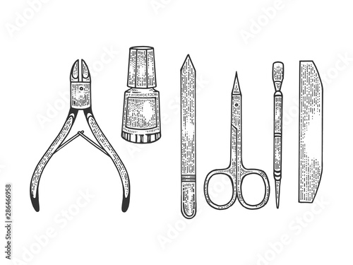 Manicure nail tools sketch engraving vector illustration. Scratch board style imitation. Hand drawn image.