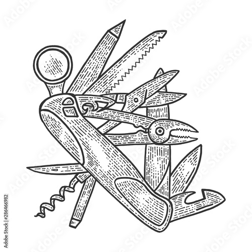 Multi tool pocket knife sketch engraving vector illustration. Scratch board style imitation. Black and white hand drawn image.