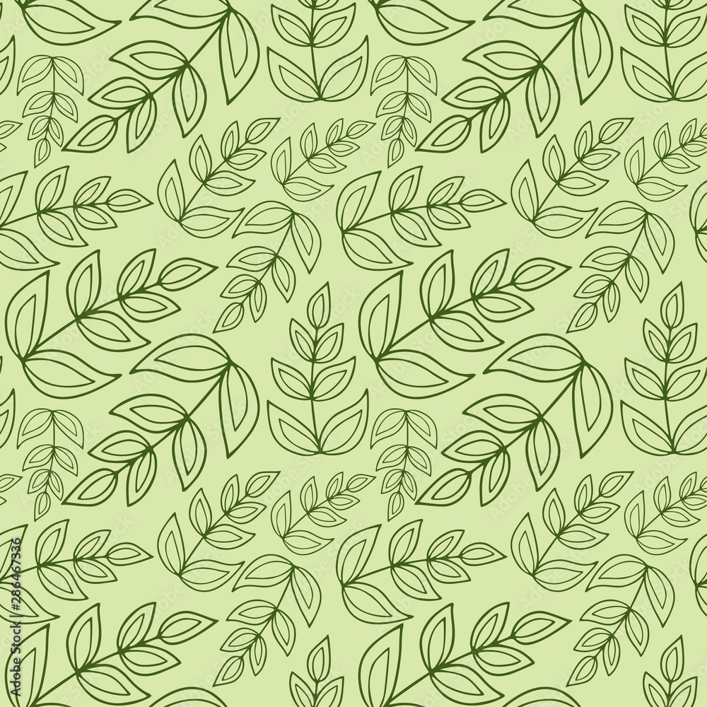 Fototapeta premium Nature background in green colors. Leaves seamless pattern. Linen textile design. Nature pattern with floral ornament.