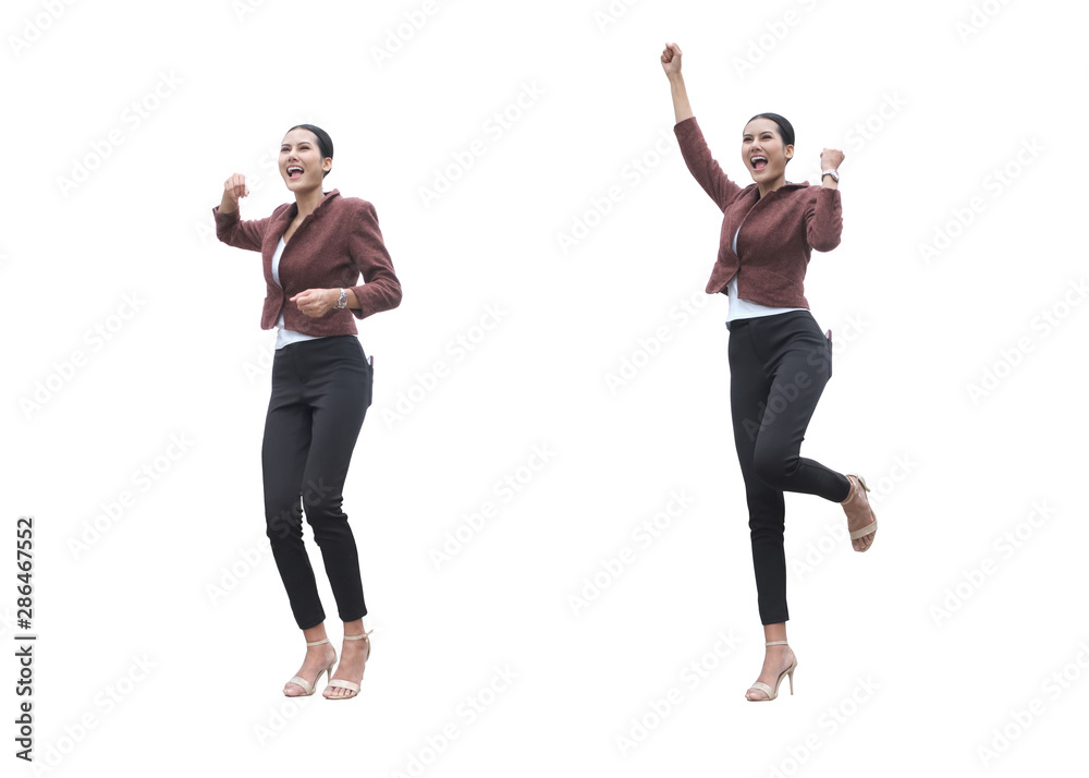 Gesture of Businesswoman Success are jumping happily after sales continued to grow isolated on white background. Clipping path. Gesture of Businesswoman Success are jumping happily after sales continued to grow isolated on white background. Clipping path.