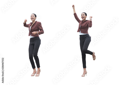 Gesture of Businesswoman Success are jumping happily after sales continued to grow isolated on white background. Clipping path.