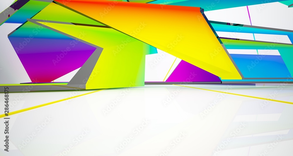 Abstract white and colored gradient  interior multilevel public space with window. 3D illustration and rendering.