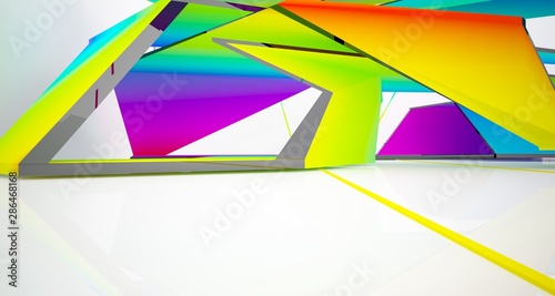 Abstract white and colored gradient  interior multilevel public space with window. 3D illustration and rendering.