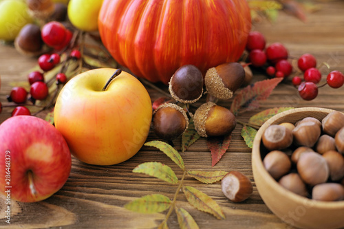 autumn fruits and leaves on wooden background