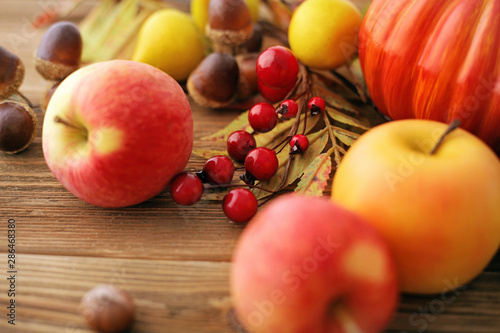 Fototapeta Naklejka Na Ścianę i Meble -  autumn fruits and leaves on wooden background