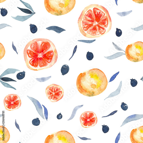 Fototapeta Naklejka Na Ścianę i Meble -  Seamless pattern with grapefruits and its slices, with berries and leaves. Isolated on a whire background