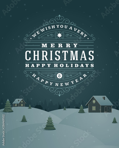 Christmas landscape retro typography and ornament decoration.