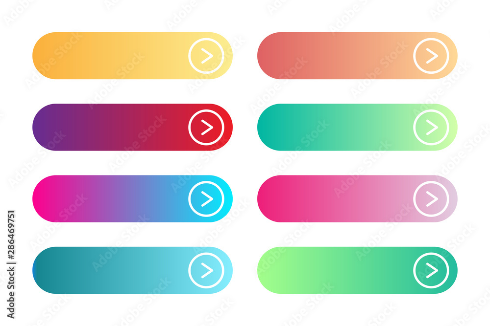 Vector set of modern gradient app or game buttons. User interface web button with arrows. Different colors of main shapes and icons Vector set of modern gradient app or game buttons. User interface web button with arrows. Different colors of main shapes and icons