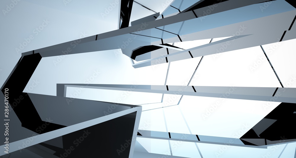 Obraz premium Abstract white and black interior multilevel public space with window. 3D illustration and rendering.