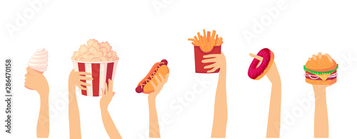 Street food festival. vector illustration isolated in white. hands hold fast food and raise it up