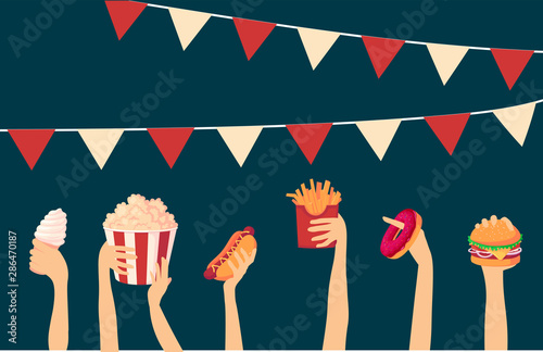 Street food festival. vector illustration high quality hands hold fast food and raise it up