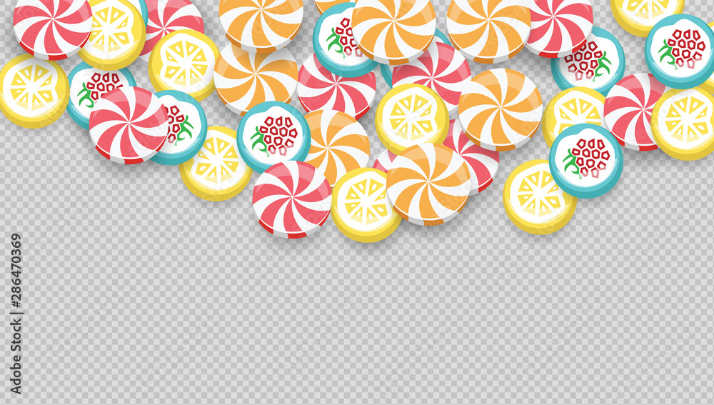 Fototapeta premium Bright background with colorful candies. Top view with space for your greetings