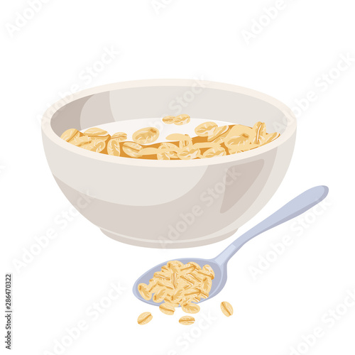 Vector illustration. Cereal bowl with milk and muesli, smoothie isolated on white background. Concept of healthy and wholesome breakfast.