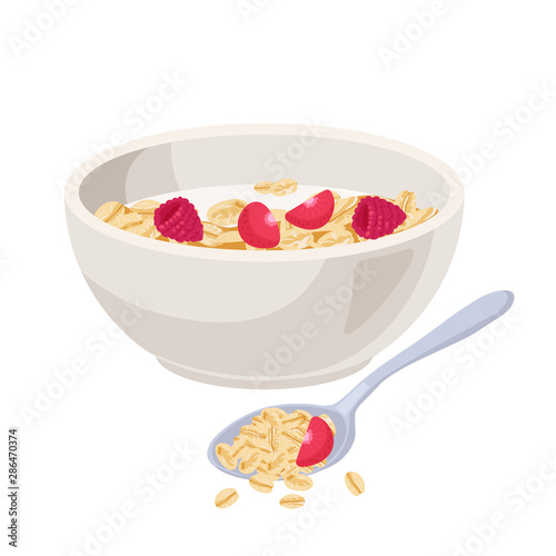 Vector illustration. Cereal bowl with milk and muesli, smoothie isolated on white background. Concept of healthy and wholesome breakfast. fruits