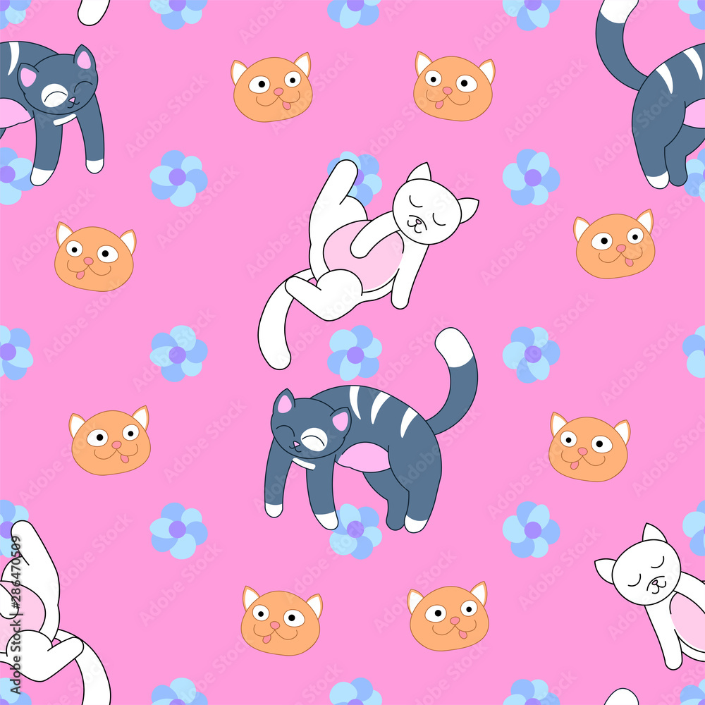 cute adorable cats lay and play on pink background with flowers seamless pattern, perfect for kids apparel, fabric, textile, nursery decoration, wrapping paper, editable vector illustration