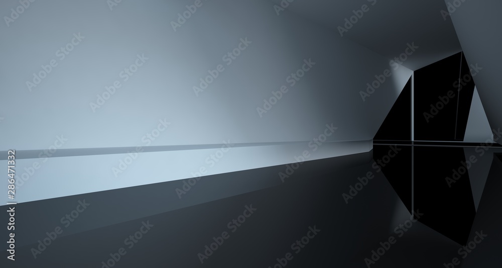 Abstract white and black interior multilevel public space with window. 3D illustration and rendering.