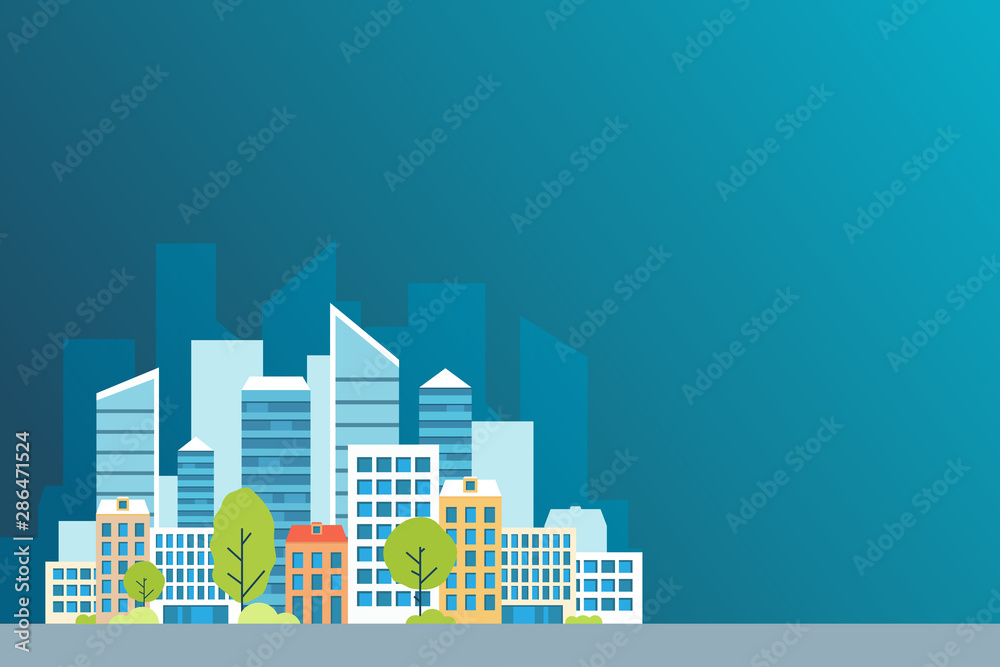 Urban landscape with large and little buildings and trees and bushes. Concept website template in flat style