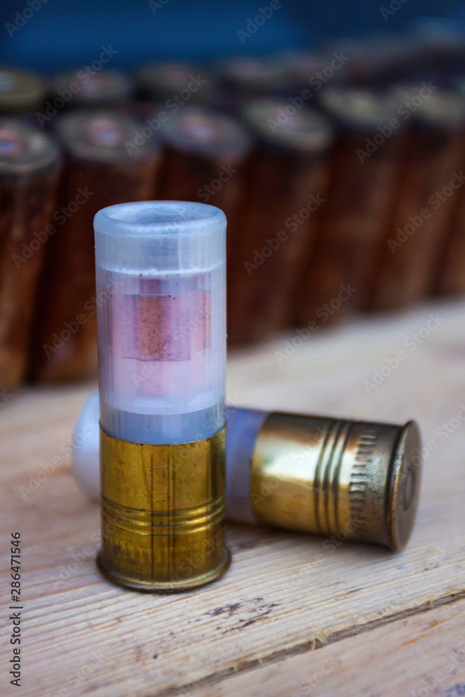 HUNTING CARTRIDGES AND BELT ON WOODEN TABLE. HUNTING PHOTOGRAPHY