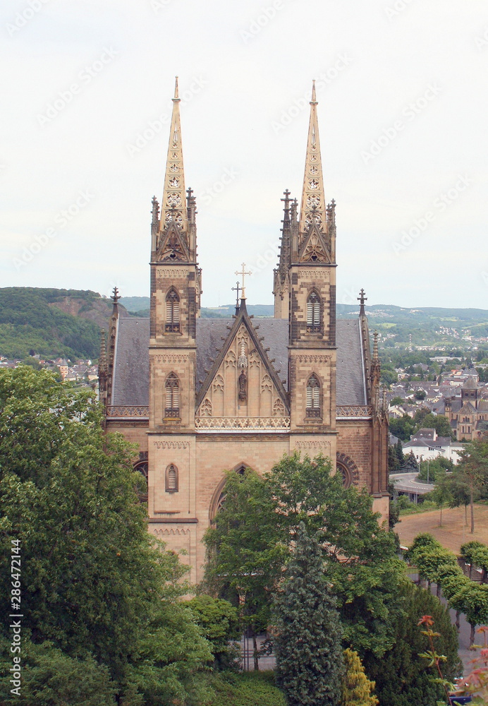 View to the Apollinaris Church from the Apolinaris mountain in Remagen. Germany