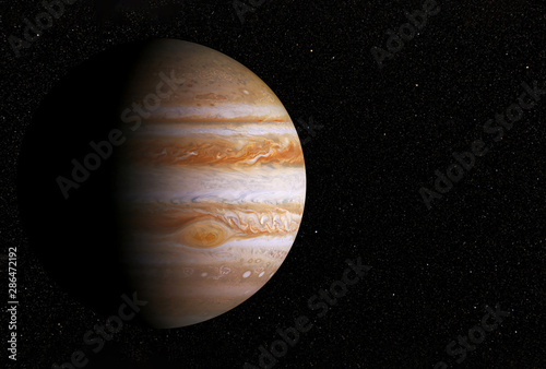 Fényképezés Planet Jupiter, with a big spot, on a dark background,copyspace
