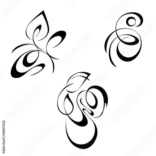 Three decorative elements with curls and leaves in black lines on a white background. SET