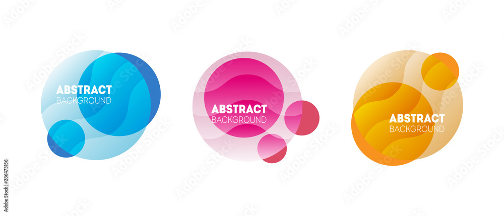 Set of three liquid color abstract elements. Futuristic trendy dynamic badges for minimal banner, logo, social post. 
