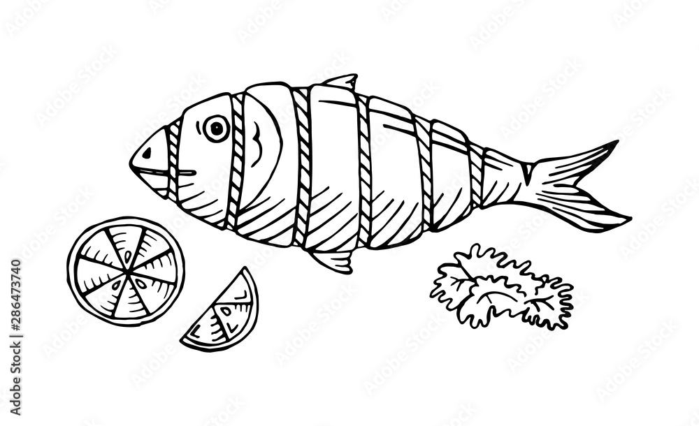 hand drawn cooked fish with lemon vector illustration Stock Vector