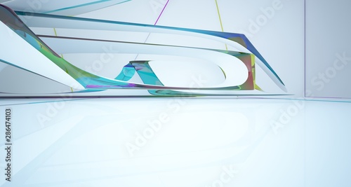 Abstract smooth white and colored gradient glasses interior multilevel public space with window. 3D illustration and rendering.