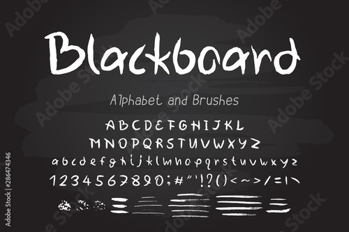 White chalk vector alphabet and brushes. Hand drawn English uppercase and lowercase letters, numbers, punctuation marks. Lettering typeface and brush strokes, blackboard background, for grunge design