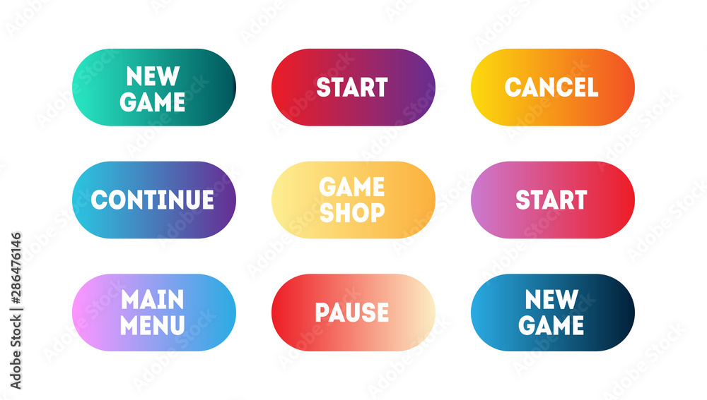 Vector set of modern gradient app or game buttons. User interface web button, material design, call action now icon.
