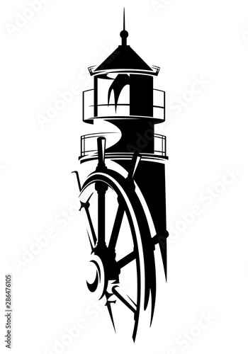 lighthouse tower and ship steering wheel - nautical exploration black and white vector design