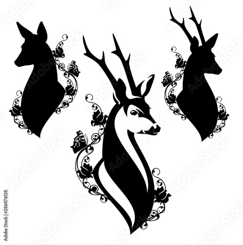 elegant roe deer head among wild rose flowers and butterflies - male and female animal black and white vector design