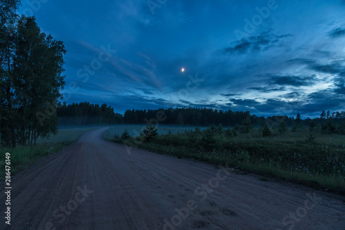 Night rural dirt road with a luminous moon and fog in the background