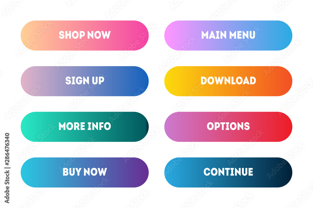 Vector set of modern gradient app or game buttons. User interface web button, material design, call action now icon. Vector set of modern gradient app or game buttons. User interface web button, material design, call action now icon.