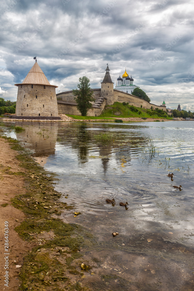 Kremlin in Pskov, Russia. Ancient fortress with swimming ducks in the Velikay river. Vertical photo.