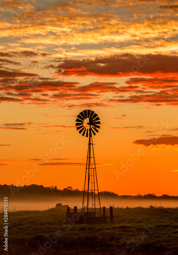 Windmill and misty morning across rural farmland fields