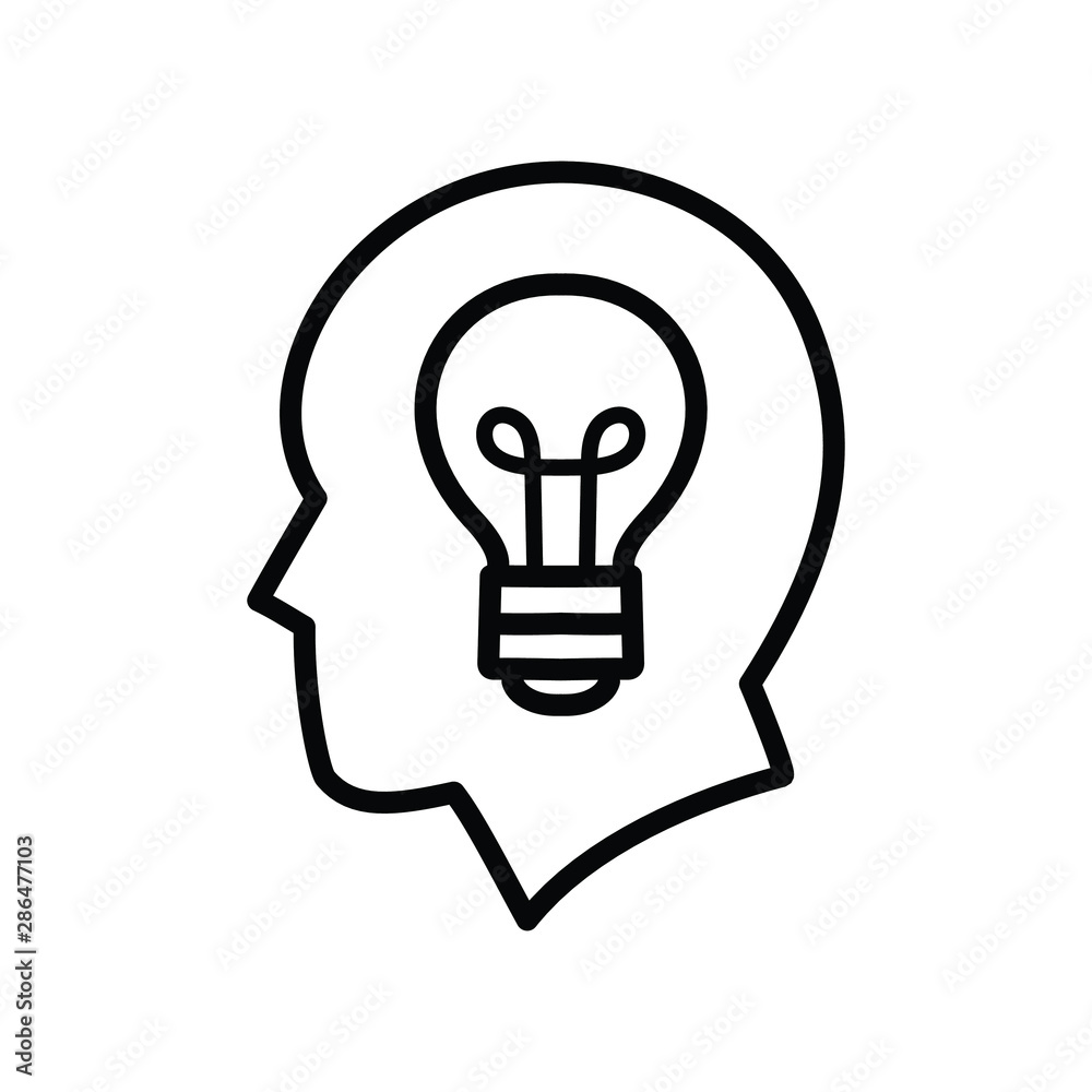 Head with light bulb in it, idea born in the head flat icon symbol, simple black and white creative vector art of an imagination concept. Editable stroke cartoon, isolated. Head with light bulb in it, idea born in the head flat icon symbol, simple black and white creative vector art of an imagination concept. Editable stroke cartoon, isolated.