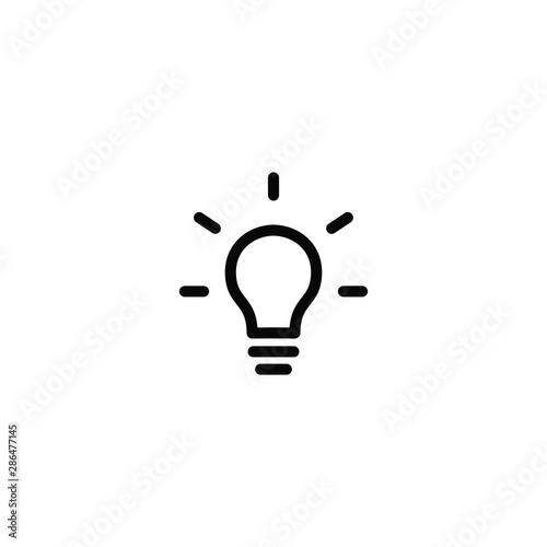 Idea icon symbol, Bright lamp, light, bulb, simple vector art flat logo design, black and white. Editable stroke cartoon, isolated.