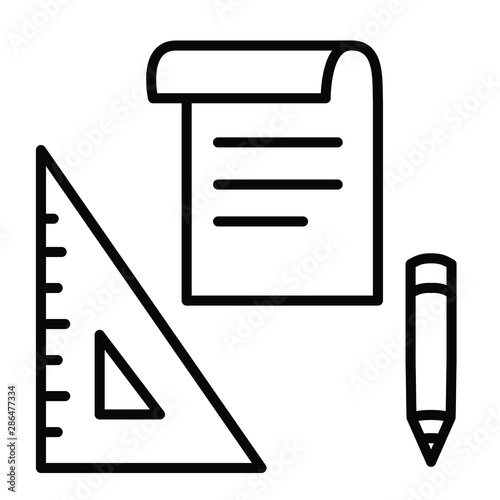 Black and white notes, pencil and ruler icon cartoon, simple line art, editable stroke. Sketch on paper, blueprints concept. Back to school vector drawing.