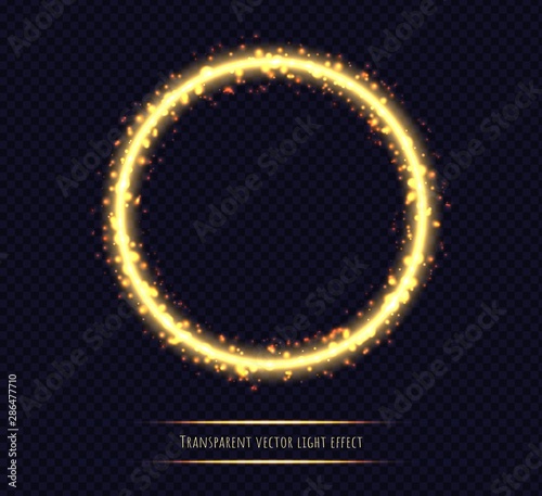 Glowing golden circular frame with light effects. Shining round isolated on transparent background.