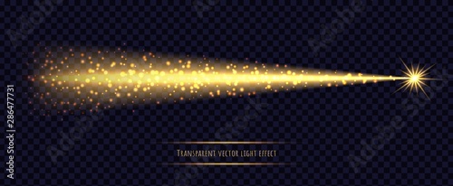 Gold stardust light trail with shining star isolated on transparent background. Comet with glowing magic particles.