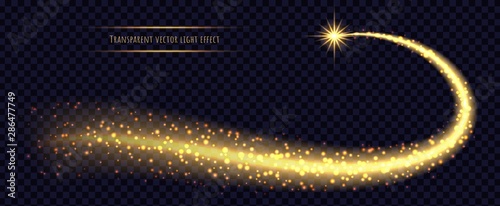Gold stardust light trail with shining star isolated on transparent background. Comet with glowing magic particles.