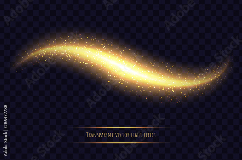 Glowing wave with sparkles, gold light effect isolated on transparent background.