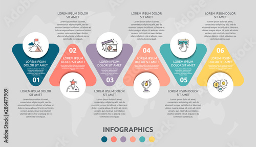 Vector infographic flat template triangle and circle for six paper label, diagram, graph, presentation. Business concept with 6 options. Blank space for content, step for step, timeline, marketing