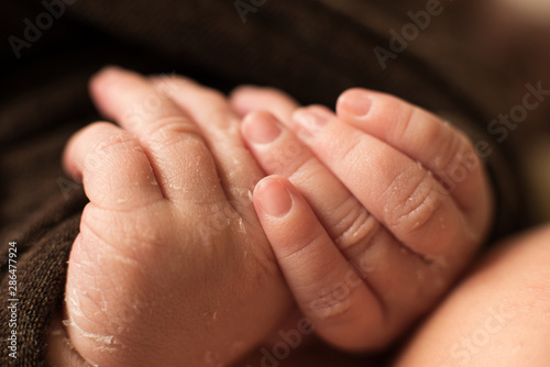 hand of the newborn baby, fingers and nails, maternal care, love and family hugs, tenderness. © Irina